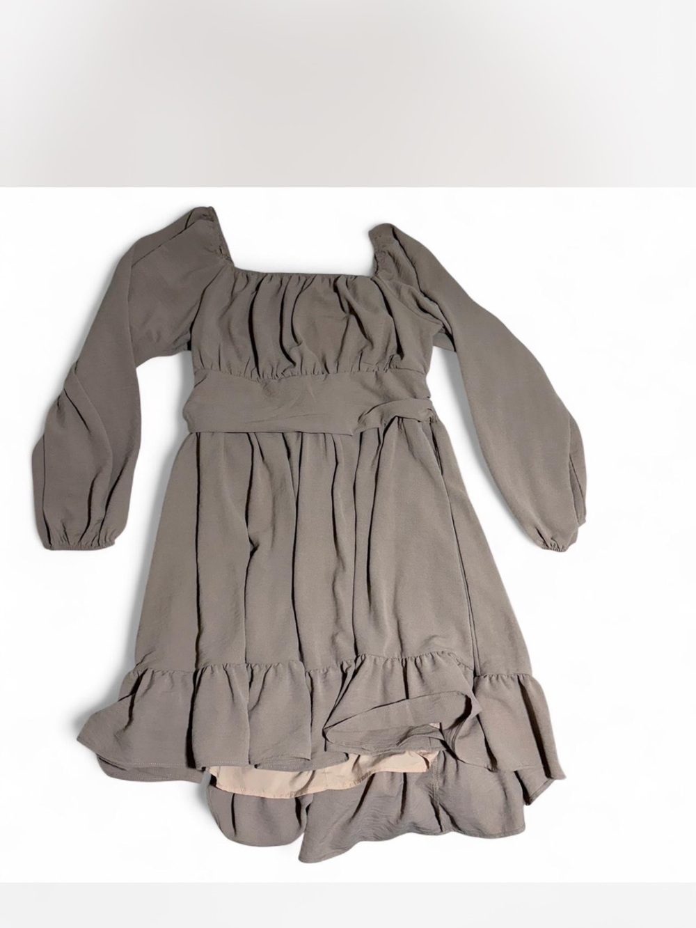 Square Neck Long Sleeve Ruffle Hem Dress - Taupe
